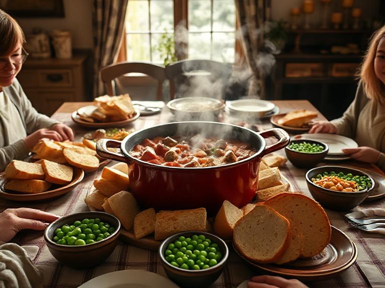 Family-style serving of Scottish stewed sausages with Bisto gravy, surrounded by bread and vegetables on a cozy table setting