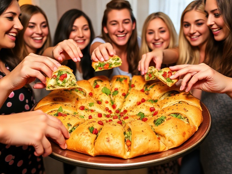 Guests enjoying Crescent Roll Veggie Pizza squares at a party gathering.