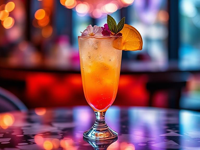 Ready-to-serve Quick Madame Butterfly Drink with edible flowers and lemon wheel, perfect for impressing guests