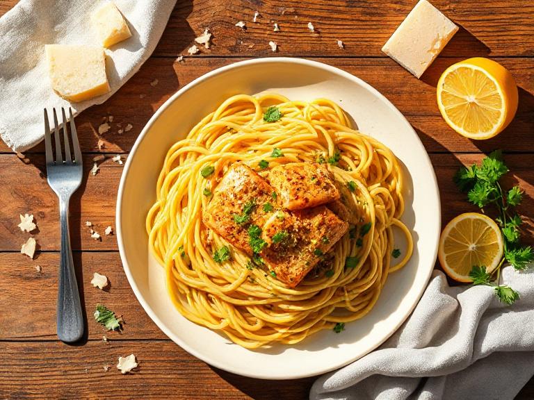Lemon Cajun Salmon Pasta on a rustic wooden table with lemon slices, parsley, and Parmesa