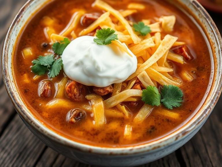 Close-up of a serving bowl with Paula Deen taco soup topped with cheese, sour cream, and tortilla strips.