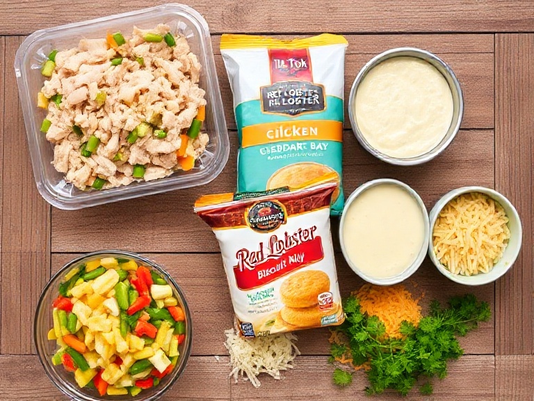 Ingredients for Viral Chicken Cobbler Recipe including rotisserie chicken, vegetables, and biscuit mix