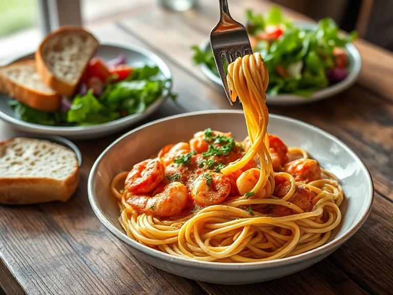 Restaurant-style creamy tomato prawn pasta served with garlic bread and fresh salad on a wooden table.