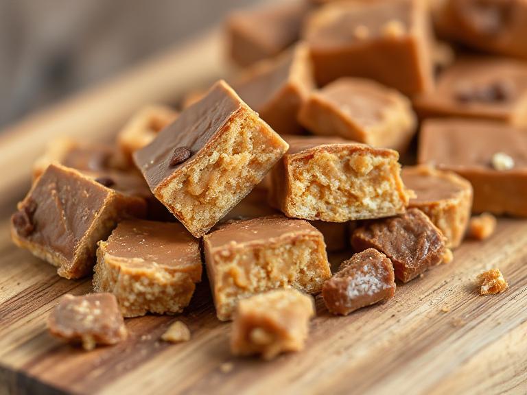 Chopped Butterfinger candy bars showing crunchy peanut butter layers used for the pie topping.