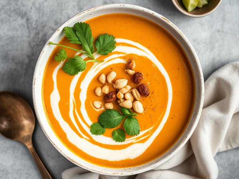 Garnished bowl of Thai Carrot and Coconut Soup with cilantro, Thai basil, and roasted peanuts, served with lime wedges and spoon.