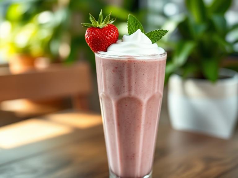Panera Strawberry Smoothie in a tall glass with whipped yogurt and strawberry garnish on a wooden café table