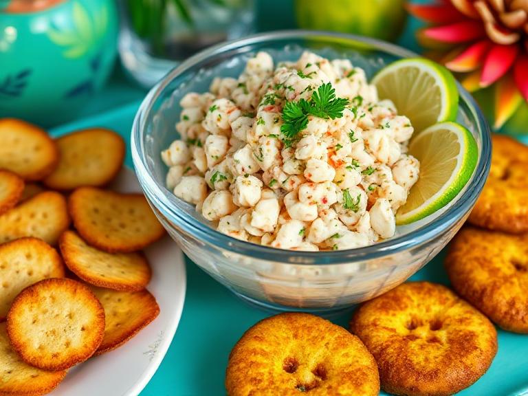 Bahamian conch salad served in a chilled bowl with lime wedges and crackers on the side