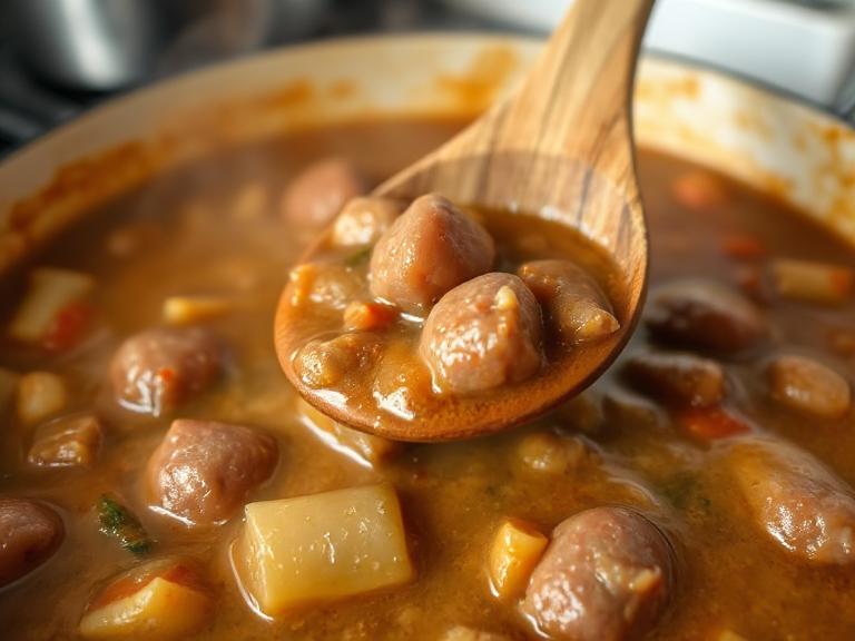 Thick Bisto gravy being stirred into Scottish stewed sausages and vegetables with a wooden spoon