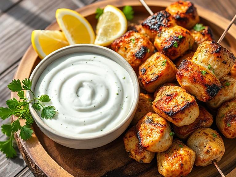 Greek Tzatziki served with grilled chicken skewers and lemon wedges.
