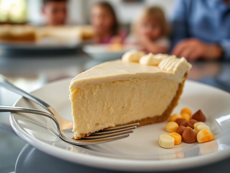 Serving a slice of creamy Butterfinger Pie topped with candy pieces and whipped cream.