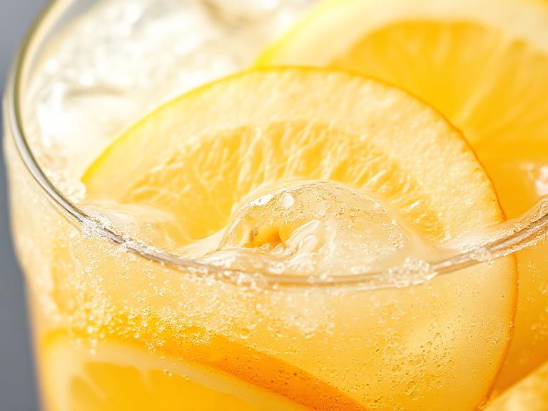 Close-up of apple lemonade with apple slices, lemon pulp, and ice cubes showing refreshing texture