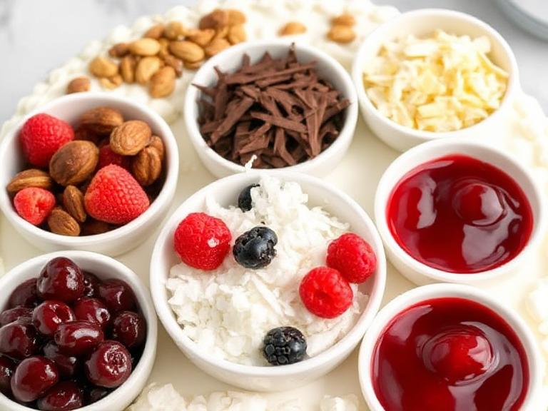 Optional toppings for Heaven on Earth Cake including nuts, chocolate shavings, and berries.