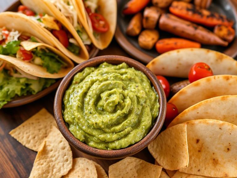 Garlic-free chunky guacamole served with tortilla chips, tacos, and grilled vegetables.
