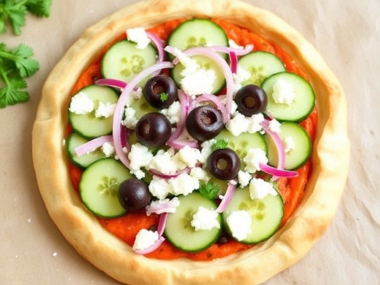 Greek-inspired variation of Crescent Roll Veggie Pizza with olives, cucumbers, and feta.