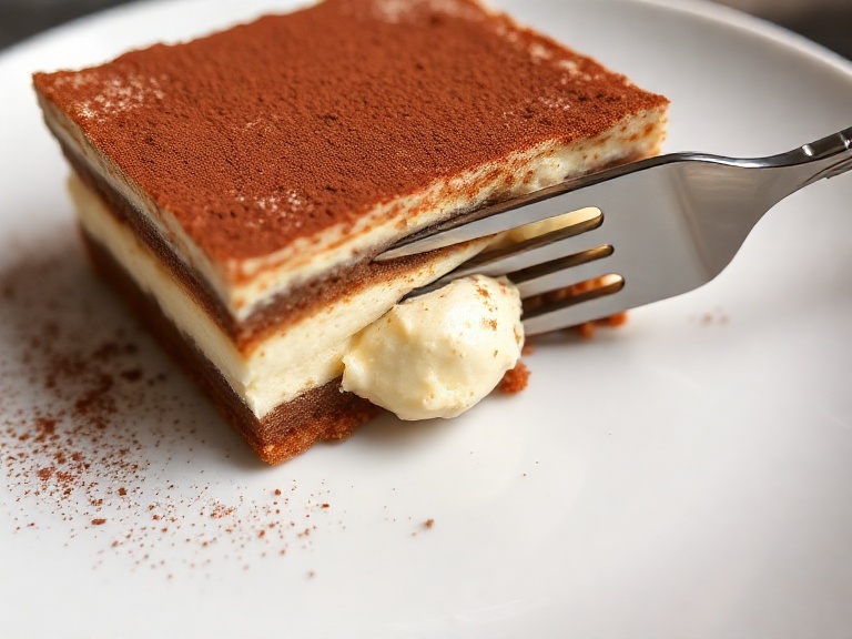 Slice of Easy No-Bake Tiramisu Dessert with layers of coffee-soaked ladyfingers and mascarpone cream.