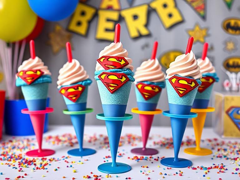 Superman Ice Cream served at a kids’ birthday party with colorful decorations and cones.