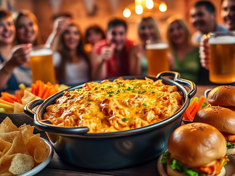Buffalo Chicken Dip on a game day table surrounded by chips and snacks, hot and bubbly with melted cheese.