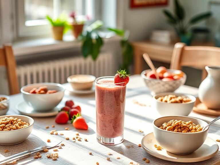 Panera Strawberry Smoothie served at a bright brunch table with granola and fresh fruits.