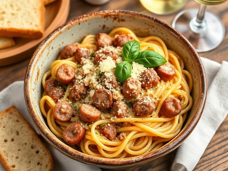 Plated creamy Italian sausage pasta with Prosecco, garnished with Parmesan and basil, served with garlic bread.