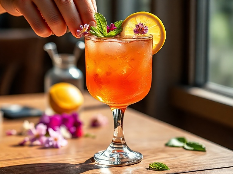 Garnishing Quick Madame Butterfly Drink with edible flowers, lemon wheel, and fresh mint for elegant presentation