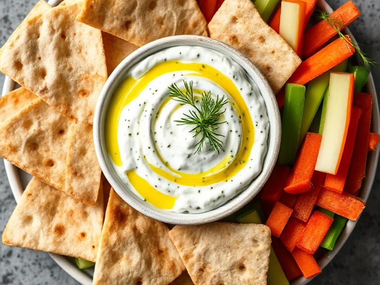 Served Greek Tzatziki with pita bread and vegetable sticks