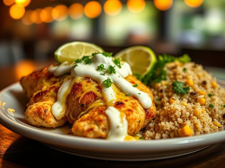Fiesta Lime Chicken served restaurant-style with lime wedges, rice, and corn on a white plate