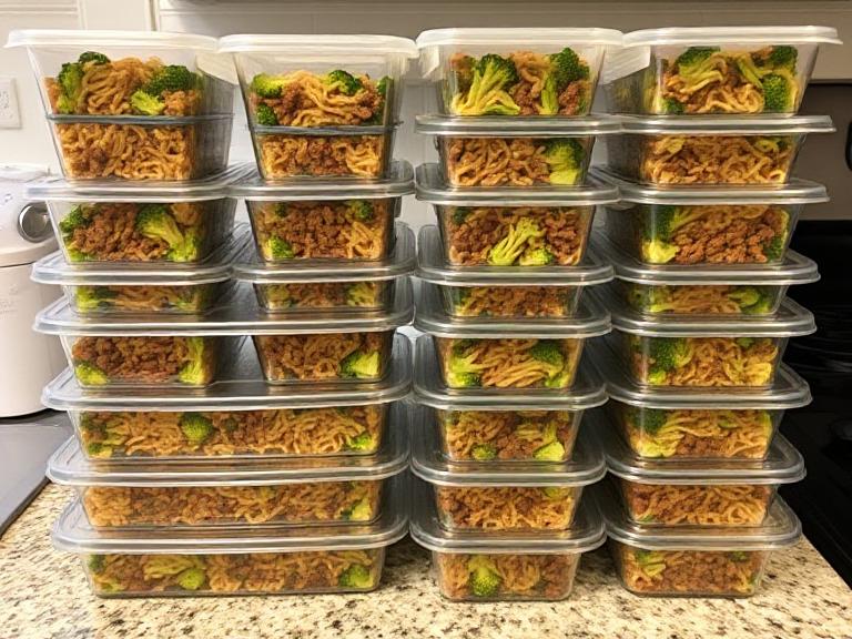 Meal prep containers filled with beef and broccoli noodles for easy weeknight dinners.