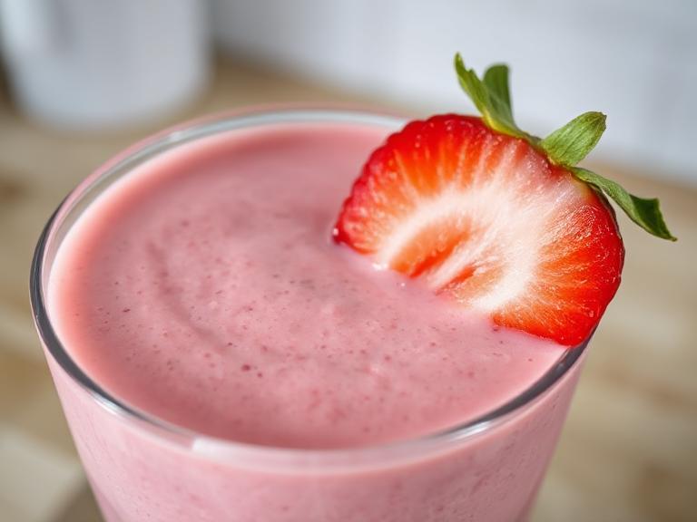 Close-up of creamy Panera Strawberry Smoothie with strawberry slice garnish.