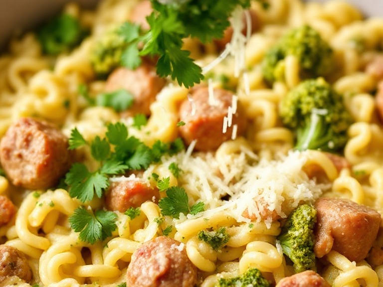 Sprinkling parsley and Parmesan over One Pan Italian Sausage & Broccoli Orzo for garnish