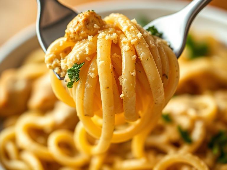 creamy garlic parmesan chicken pasta with sauce-coated noodles on a fork