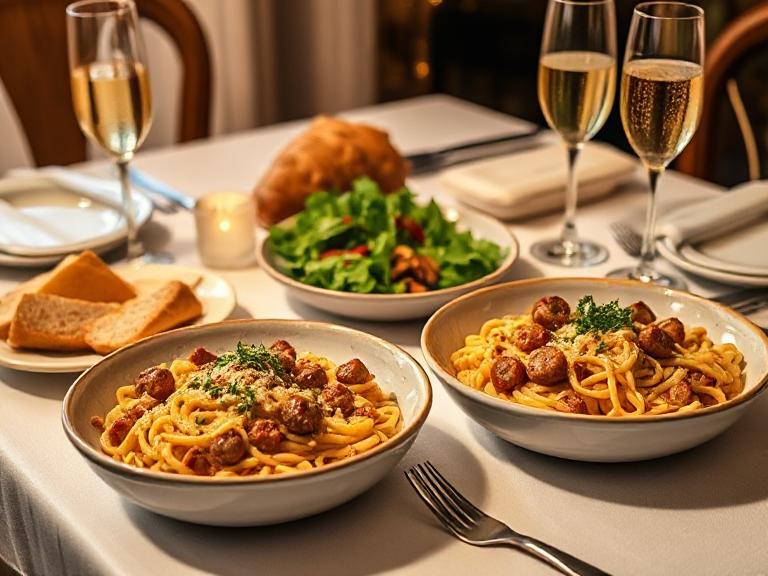 Creamy Italian sausage pasta served on a dinner table with salad, garlic bread, and Prosecco