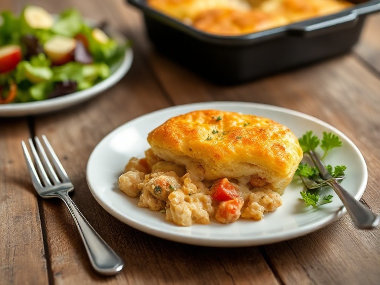 Plated Viral Chicken Cobbler Recipe with creamy chicken filling and cheesy biscuit topping