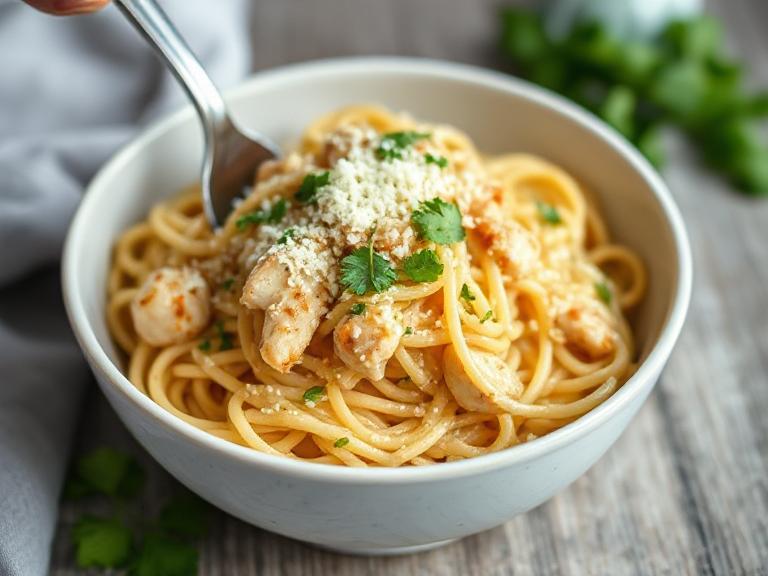 Garlic parmesan chicken pasta being served with parmesan cheese and parsley garnish