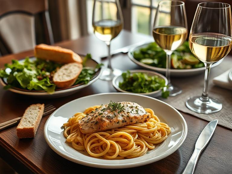 Dinner setting with Lemon Cajun Salmon Pasta on the table alongside garlic bread, green salad, and a glass of white wine. Cozy dining environment, natural daylight, warm tones, and inviting presentation.