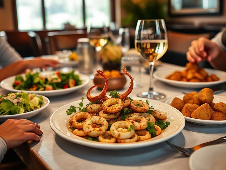 Crispy calamari steaks served with salad and potatoes for a restaurant-style dinner.