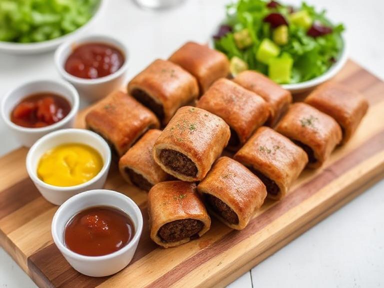 Mini Stornoway Black Pudding Sausage Rolls served on a wooden platter with chutney, mustard, and salad for parties or snacks.