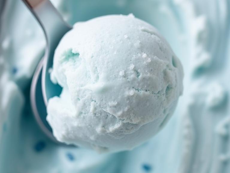 Scooping creamy homemade sea salt ice cream with visible flaky sea salt