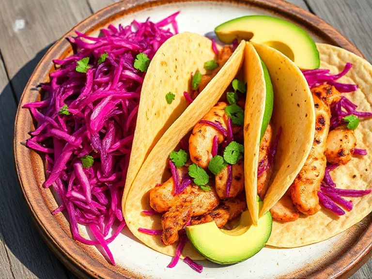 Quick red cabbage slaw served as a side with grilled chicken tacos, healthy no-mayo salad.