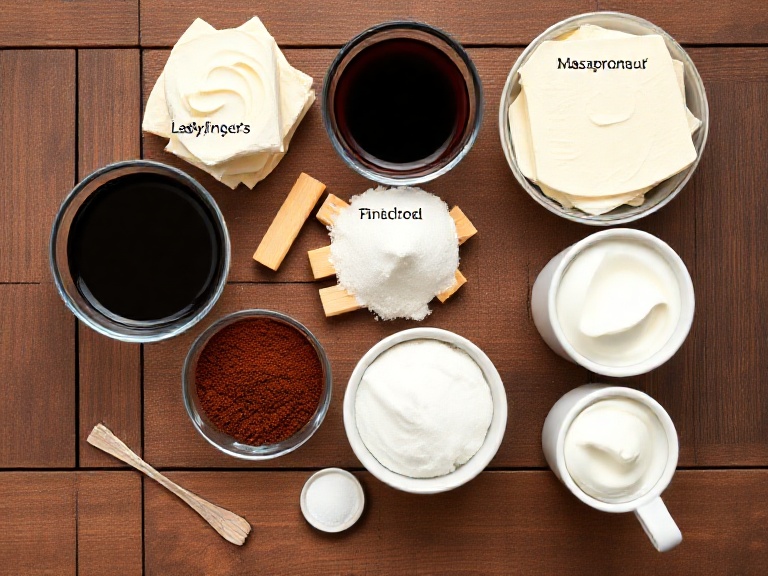 Ingredients for making easy no-bake tiramisu recipe at home with mascarpone, ladyfingers, and espresso.