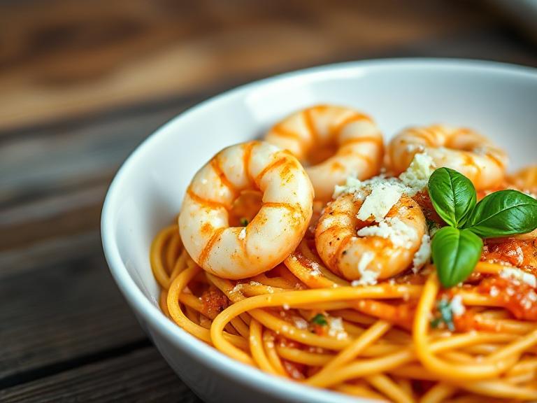 Close-up of restaurant-style creamy tomato prawn pasta with prawns, parmesan, and fresh basil