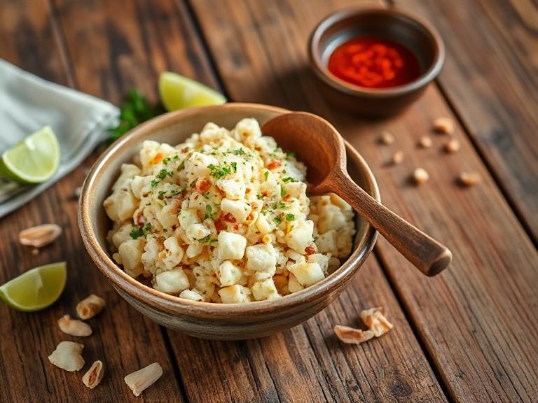 Authentic Bahamian conch salad in a ceramic bowl on a rustic wooden table