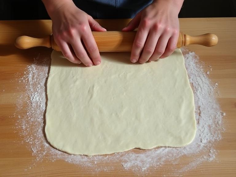 Rolling out puff pastry on a floured surface to prepare Stornoway Black Pudding Sausage Rolls