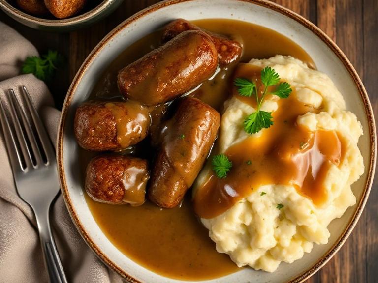 Plated Scottish stewed sausages with Bisto gravy served with mashed potatoes and garnished with parsley.