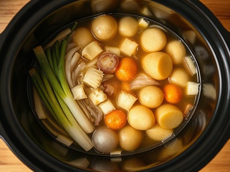Slow cooker filled with leeks, potatoes, onions, and stock ready to cook for leek and potato soup