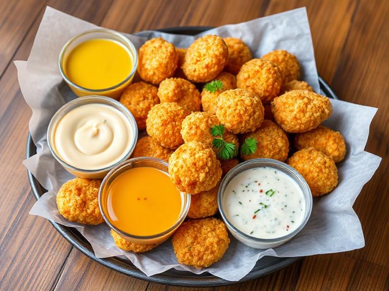 Restaurant-style corn nuggets served with dipping sauces and herbs – quick and easy snack idea.