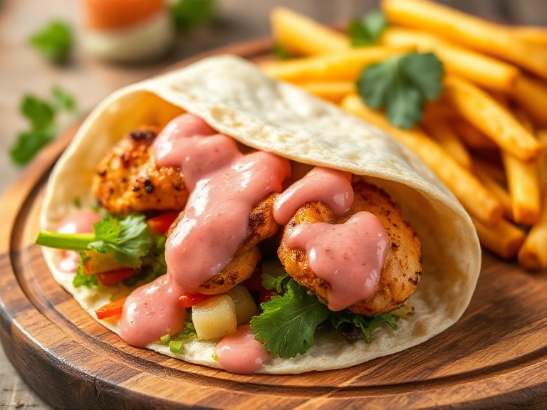 Pink Pakora Sauce Glasgow drizzled over a wrap with chicken and vegetables, showcasing creative serving ideas