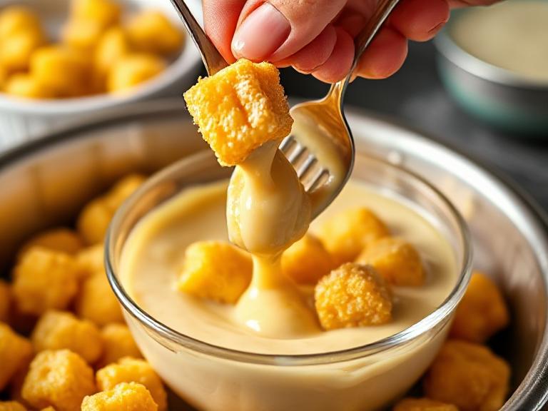 Dipping frozen corn nuggets in batter for perfect crispy coating in easy corn nuggets recipe.
