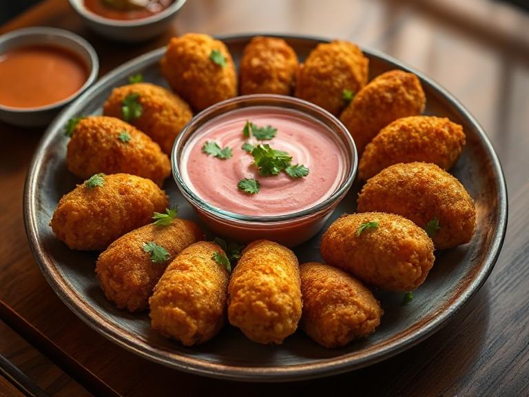 Golden crispy pakoras served with Pink Pakora Sauce Glasgow in a bowl, garnished with coriander leaves