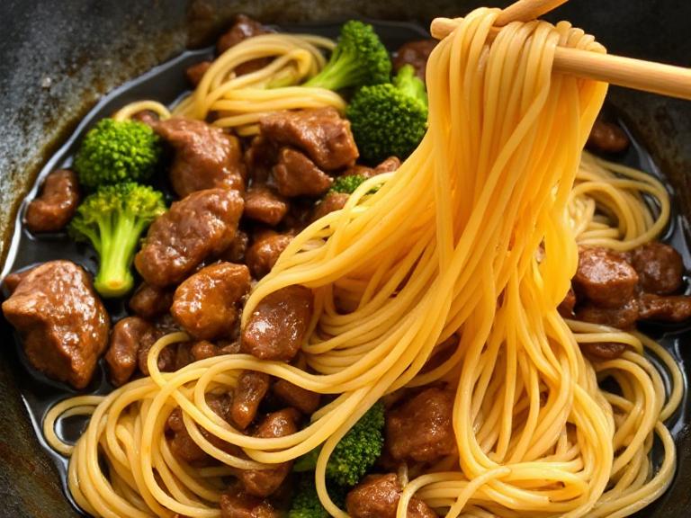 Noodles tossed with beef and broccoli in savory stir fry sauce