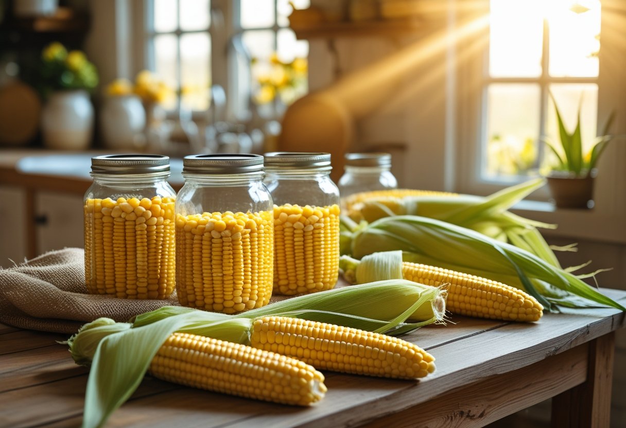 Rustic farmhouse kitchen scene with golden jars of homemade canned corn.